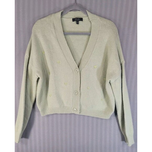 Witty Fox Womens Heart Print Cardigan Sweater XL Long Sleeve Light Green Cozy - Picture 1 of 9